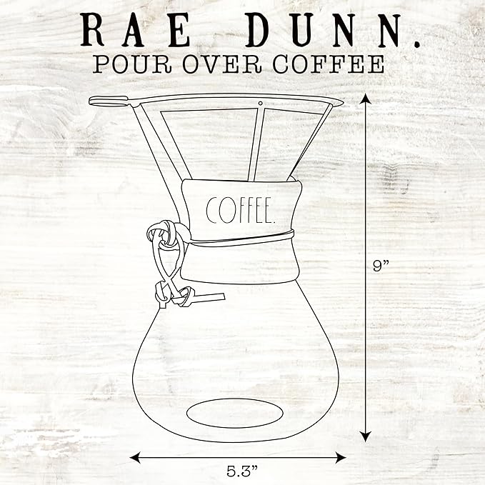 Rae Dunn Glass Pour Over Coffee Maker, 34oz Carafe with Reusable Stainless-Steel Filter and Elegant Bamboo Finish, Great for Brewing Coffee