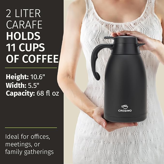 Thermal Coffee Carafe, 68 Oz - Sophisticated Black Stainless Steel, Durable & Easy to Pour, Keeps Drinks Perfectly Hot for 12 Hours & Chilled for 36 Hours, Ideal Coffee Urn for Home, Office, & Parties