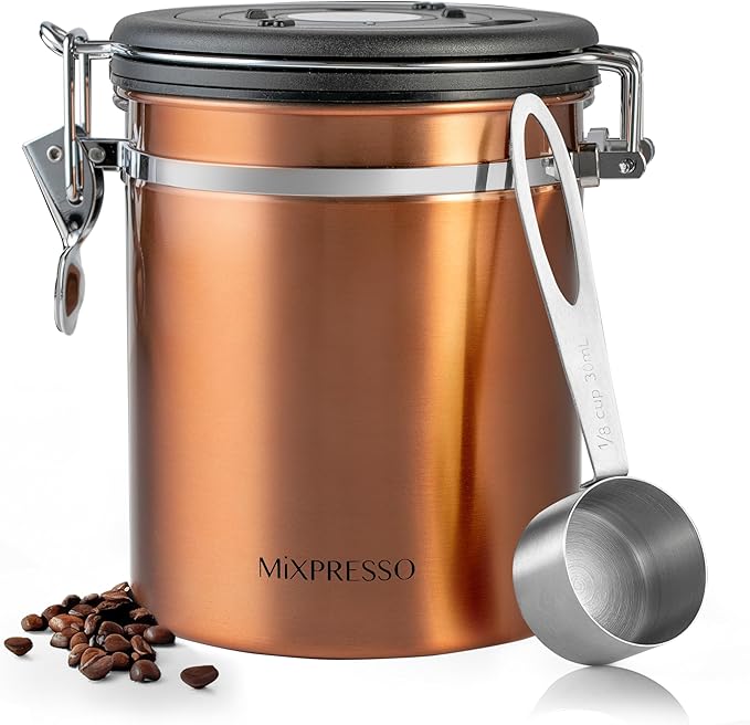 Mixpresso 16 Oz Copper Coffee Canister, Stainless Steel Airtight Coffee Container, Ground and Bean Storage with Date Tracker, Vacuum Sealed Espresso Airtight Container, Sugar Container