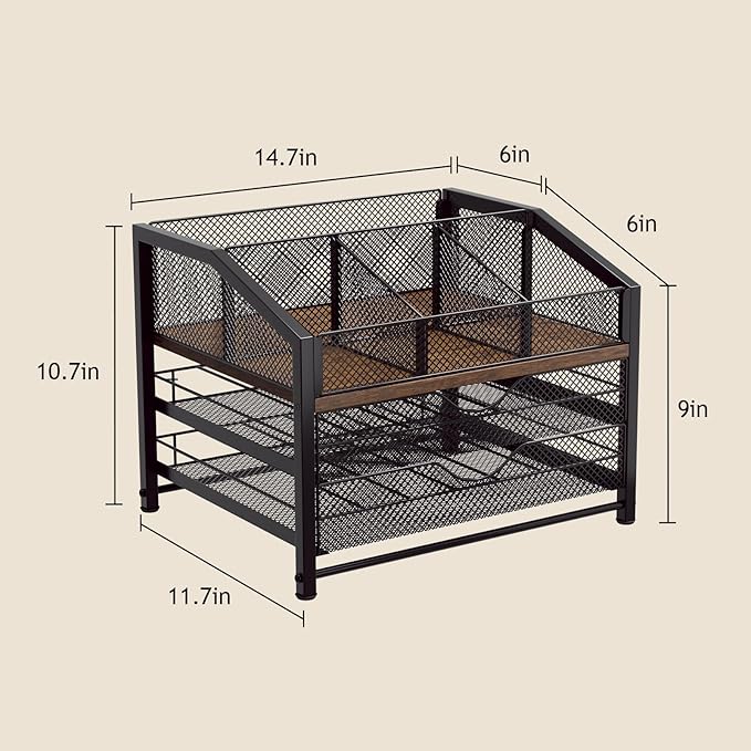Coffee Bar Organizer - Coffee Station for Countertop, Metal and Wood K Cup holder Storage Basket for Coffee Pods, Syrup, Cups, Stirrer, Coffee Condiment, Tea Organizer, Black and Brown