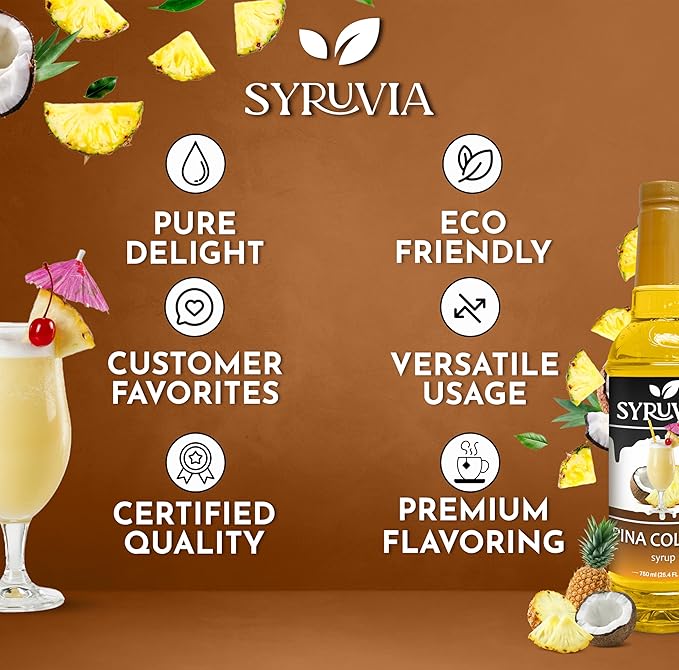 Syruvia Pina Colada Syrup, Flavored Syrup for Cocktails, Drinks, Lemonades, Iced Teas, and Desserts – 25.4 fl oz, With Pump