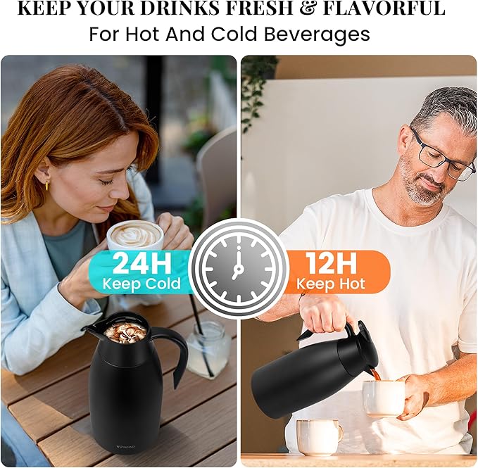 68 Oz Thermal Coffee Carafe, Stainless Steel Insulated Vacuum coffee crafts to keep coffee hot, 2 Liter Tea Water Coffee and Beverage Dispenser (Black)