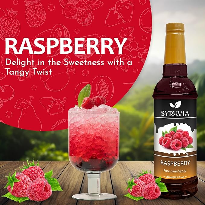 Syruvia Raspberry Syrup, Flavored Syrup for Drinks, Cocktails, Lemonades, Iced Teas, and Desserts – 25.4 fl oz, With Pump