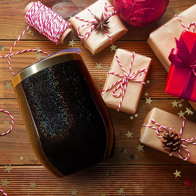 MEWAY 12oz/16 Pack Wine Tumbler Glasses with Lid - Stemless Double Wall Vacuum Stainless Steel Glitter Tumbler - Keeping Cold & Hot Cup for Coffee,Gift for Women(Rainbow Black,Set of 16)