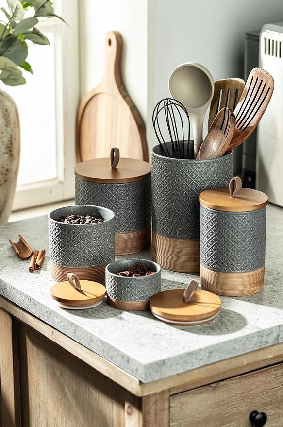 Coffee Container Jar with Lid, Ceramic Food Storage Jars for Spice Sugar Cookie, Large Kitchen Canisters for Countertop Coffee Bar Accessories Housewarming Weeding Gift - Gray & 28 fl.oz