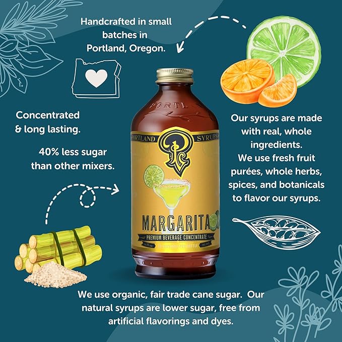 Portland Syrups Margarita Syrup - Craft Cocktail and Mocktail Mixer with Tangerine, Blood Orange, and Lime Puree - 12 oz with 24 Servings (Pack of 2)
