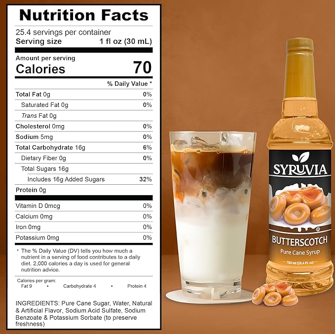 Syruvia Butterscotch Coffee Syrup - 25.4 fl oz Premium Coffee Flavoring Syrup - Kosher Coffee Syrups, Gluten Free, No Coloring, Perfect for Drinks, Soda, Shakes, and More With Pump