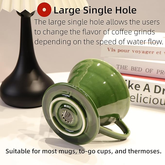 Ceramic Pour Over Coffee Dripper includes 50 Filters Porcelain Coffee Maker 01 Hand Drew Brewing Pottery Green Portable Artisanal Manual Gift for 1-2 People Home, Office, School, Camping