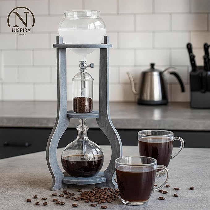 Nispira Iced Coffee Cold Brew Drip Tower Coffee Maker Wooden, 6-8 cup, Grey