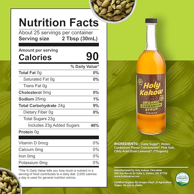 Holy Kakow Cafe Organic Cardamom Syrup - Cardamom Syrup, Coffee Syrup, Organic Syrup for Coffee, Cardamom Syrup for Coffee, Add to Latte, Cocktail and Shake, Real Food Ingredients - 750ml