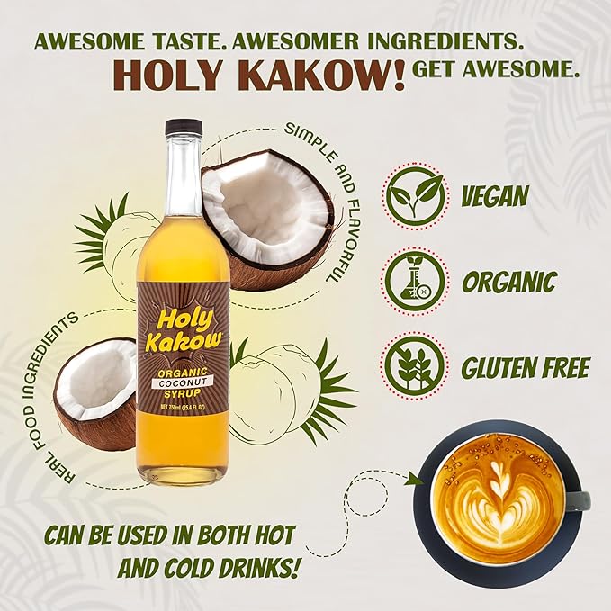 Holy Kakow Cafe Organic Coconut Syrup - Coconut Coffee Syrup, Organic Syrup for Coffee, Latte, Cocktail and Shake, Real Food Ingredients - 750ml
