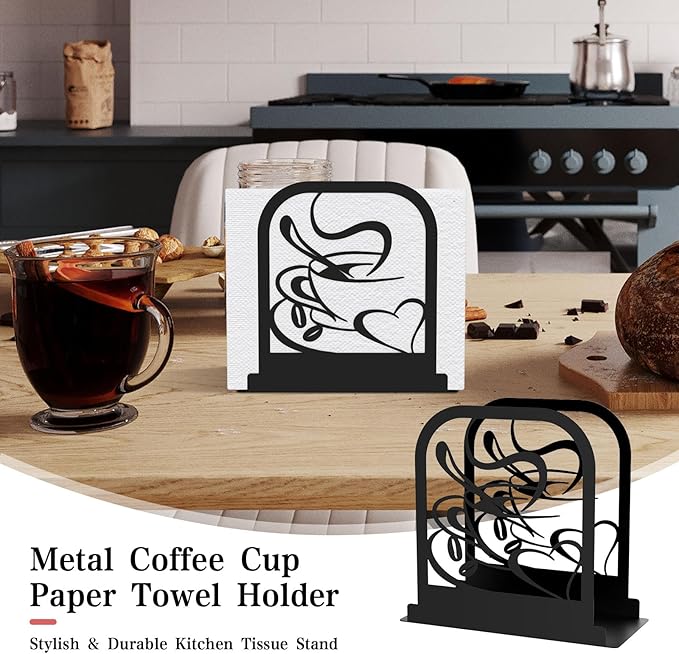 Modern Standing Napkin Holder for table, Black Metal Napkin Dispenser, Coffee time Theme Style Napkin Holder, Suitable for Kitchen, Coffee Shop, Dining Room