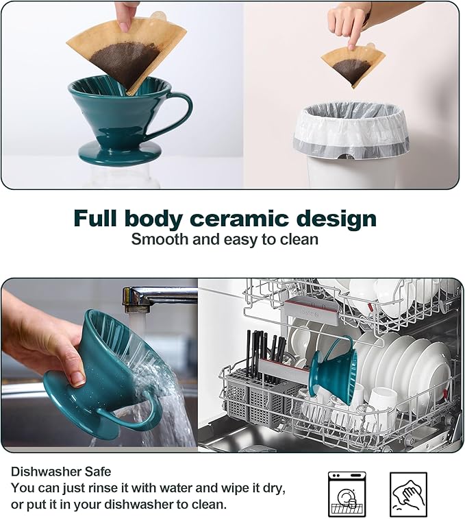 Pour Over Coffee Dripper - Ceramic Pour Over Coffee Maker Cone, Porcelain Coffee Drip, Pour Over Single Cup, Manual Brew Maker for Home, Cafe, Office - 1-4Cup, V60 Size 02 (Dark green)