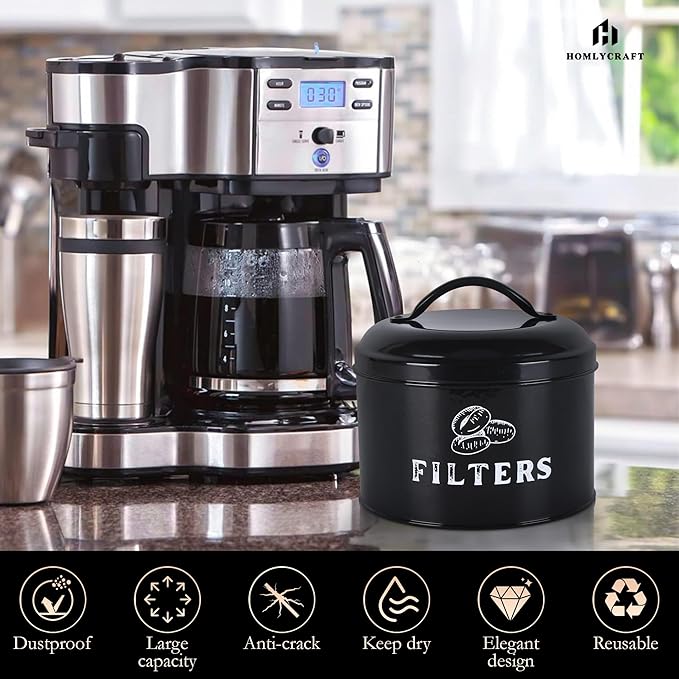 Coffee Filter Holder – Coffee Filter Holder for Counter with Braided Cotton Drink Coasters – Vintage Coffee Filter Container with Lid – Accessories for Coffee Bar, Home(Black)