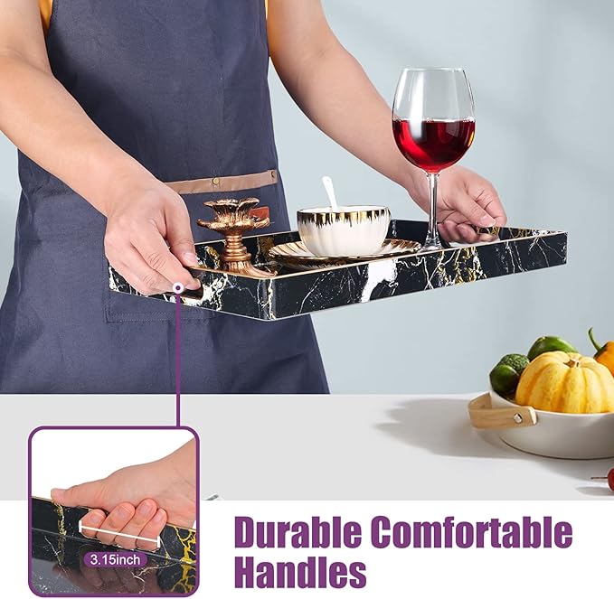 Gifturbo Black Serving Tray,Marble Decorative Serving Trays with Handles, Coffee Table Tray Ottoman Rectangular Plastic Trays with Gold Rim for Living Room, Bathroom，15.7 x 10.2 x1.37 inches