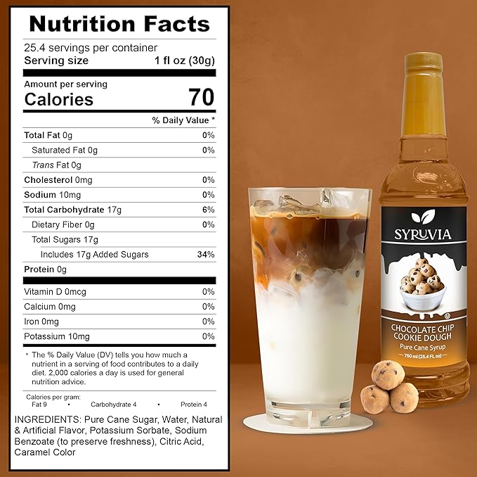 Syruvia Coffee Syrup, Chocolate Chip Cookie Dough Flavored Syrup for Drinks, Lattes, and Desserts – 25.4 fl oz, With Pump