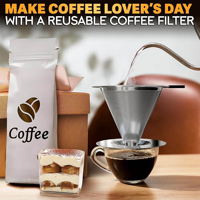 Stainless Steel Pour Over Coffee Maker - 3.18x4.48" Pour Over Coffee Dripper with Wide Secure Base, Large Plastic Handle, and Brush for Easy Cleaning – Ensures Well-Balanced, Clean Flavor