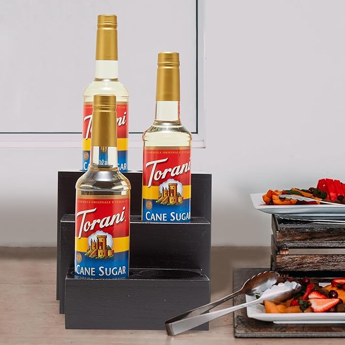 Black Wood Coffee Syrup Rack Organizer, 3 Tier Syrup Bottle Holder for Coffee Bar, 6 Bottles(750ml) Storage Stand for Syrup, Wine, Dressing for Kitchen Coffee Station(3 Separate Pieces)