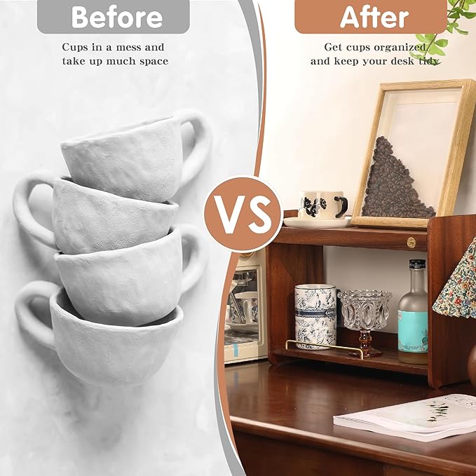 Coffee Mug Holder Wooden Cup Rack Mug Display Shelf Coffee Cup Holder for Countertop With 4 Mug Cups 2 Tier Wood Coffee Mugs Holder for Kitchen Coffee Cup Storage