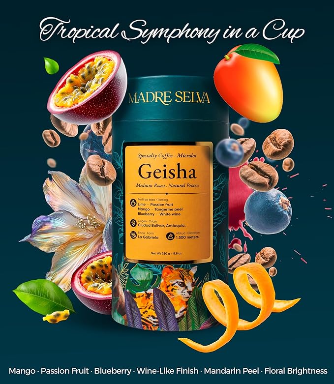Colombian Geisha Coffee Whole Bean Medium Roast Arabica Gourmet Fresh Single Origin Premium Low Acid Exotic Notes Rich Aroma Smooth Flavor Quality High Altitude Giftable Pack Freshness Lock 8.8oz 250g