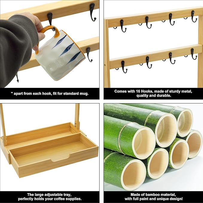 Coffee Mug Holder for Counter Top with 16 Hooks, 2 Tier Coffee Mugs Tree with Coffee Pod Drawer, Bamboo Countertop Mug Rack Shelf, Cups Organizer Stand for Home Coffee Bar Kitchen Storage Display