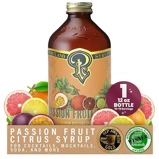 Portland Syrups Passion Fruit Citrus Syrup - Craft Tropical Sensations for Cocktails, Mocktails, Soda, and More - 12 oz with 10-15 Servings - Natural Organic Sugar, Lower Sugar Mixer