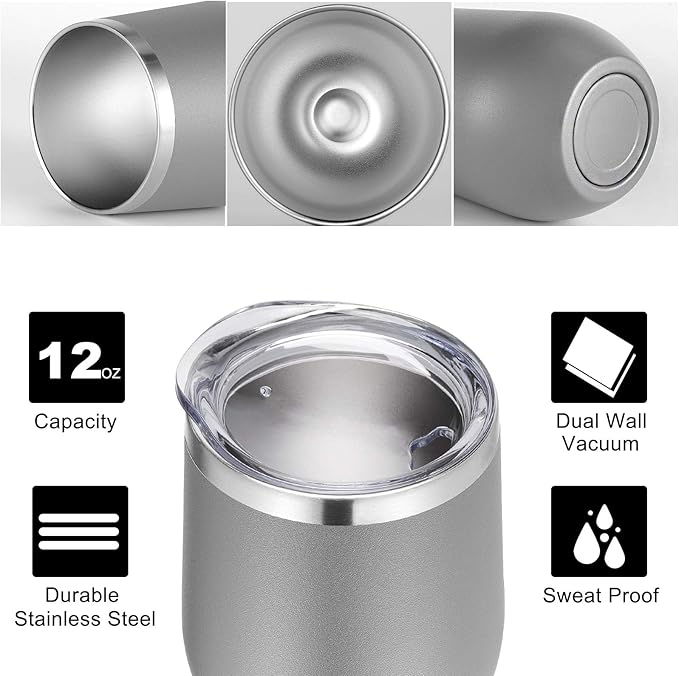 VEGOND Wine Tumblers Bulk 6 Pack, 12oz Stainless Steel Stemless Wine Glass with Lids and Straws, Double Wall Vacuum Insulated Tumbler Cup, Coffee Mug for Cold Hot Drinks