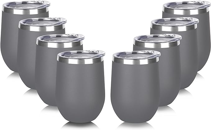 DOMICARE Stainless Steel Wine Tumbler Bulk with Lid, Personalized Insulated Tumblers Set, 12oz Travel Coffee Cups Pack of 8, Gray