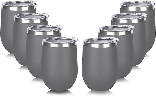DOMICARE Stainless Steel Wine Tumbler Bulk with Lid, Personalized Insulated Tumblers Set, 12oz Travel Coffee Cups Pack of 8, Gray