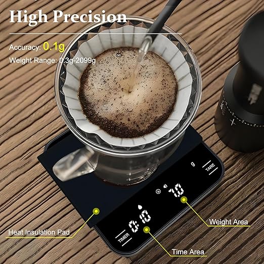 Digital Coffee Scale with Timer/Tare, 2kg/0.1g Precision Espresso Scale, Food Scale Rechargeable, Multiple Modes: Pour-Over/Espresso/Water Flow Speed, LED Display Kitchen Scale with g/oz/ml