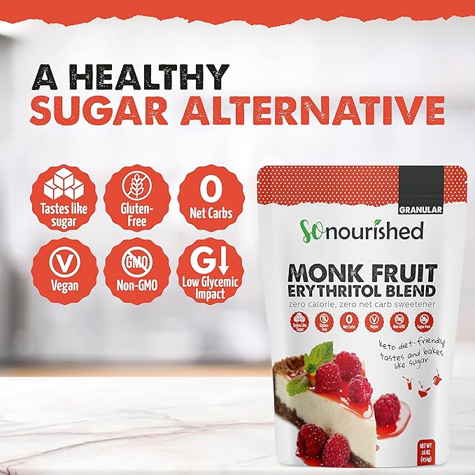 So Nourished Monk Fruit Sweetener with Erythritol Granular - 1:1 Sugar Substitute, Keto - 0 Calorie, 0 Net Carb, Non-GMO 5 Pounds