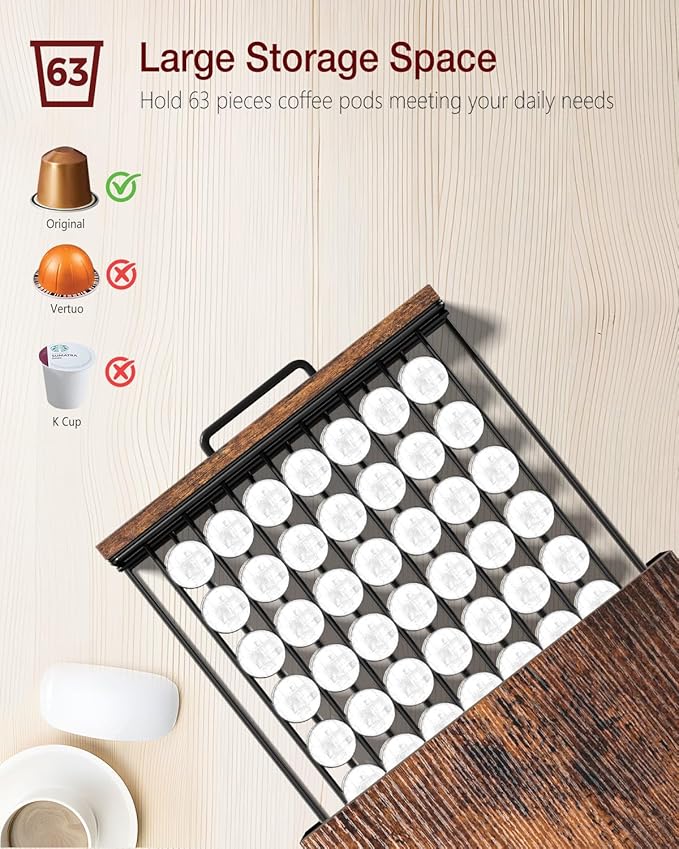 Evermagin Coffee Pod Drawer Compatible with Nespresso Original Line, 63 Pods Coffee Organizer with Cup Holder, Durable Coffee Maker Stand with Storage Drawer, Rustic Brown
