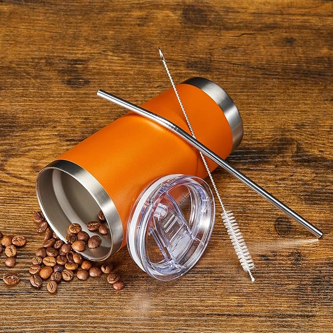COMOOO 20oz Double Wall Vacuum Insulated Travel Mug, Stainless Steel Tumbler with Lid and Straw Durable Powder Coated Insulated Coffee Cup for Cold & Hot Drinks（Orange, 1 Pack）