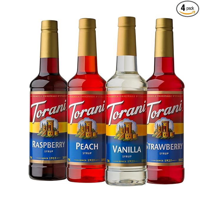 Torani Flavored Drink Syrup Soda Shop Variety Pack, Raspberry, Peach, Vanilla & Strawberry, 25.4 fl oz (Set of 4)
