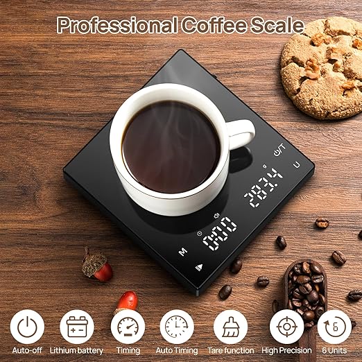 Meilen Mini Espresso Coffee Scale with Timer - 0.1g Precise Graduation, USB Rechargeable, 6 Weight Units, Ultra-Thin 2kg Digital Scale for Espresso, Pour Over, Drip, Kitchen (Black) (1)