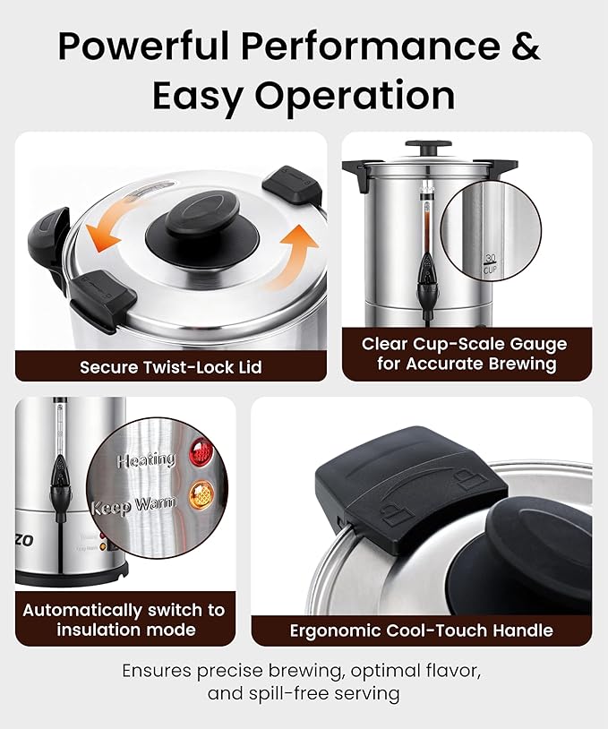 Commercial Coffee Maker 40-Cup Large Coffee Urn with Percolator Coffee Pot Electric 6L Stainless Steel Fast Brew Hot Water Dispenser for Tea Catering Events Home Office Easy Cleaning