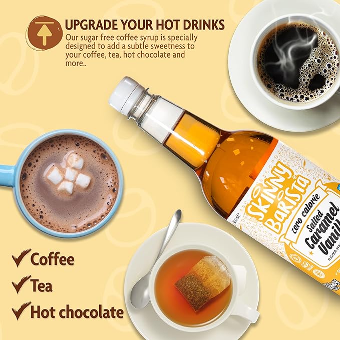 Skinny Food Co Salted Caramel Vanilla Syrup Zero Calorie 35 Fl Oz - Sugar Free Coffee Syrups for Tea, Hot Chocolate, Baking, Protein Drinks - Vegan, Gluten-Free & Fat-Free - Syrups For Coffee Drinks