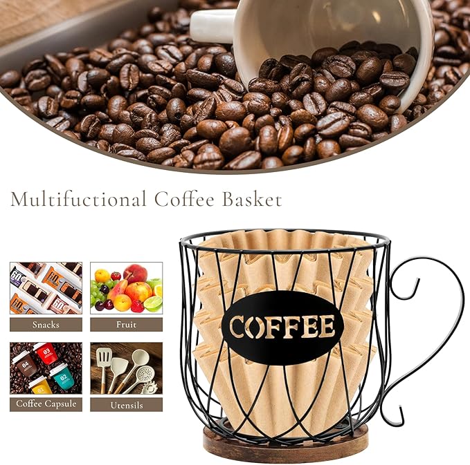 Rustic Metal K-Cup Coffee Pod Holder Mug - Large Wire Basket with Wooden Base for Countertop Coffee Storage - Farmhouse Decor for Home & Office (Rustic Brown-Round)