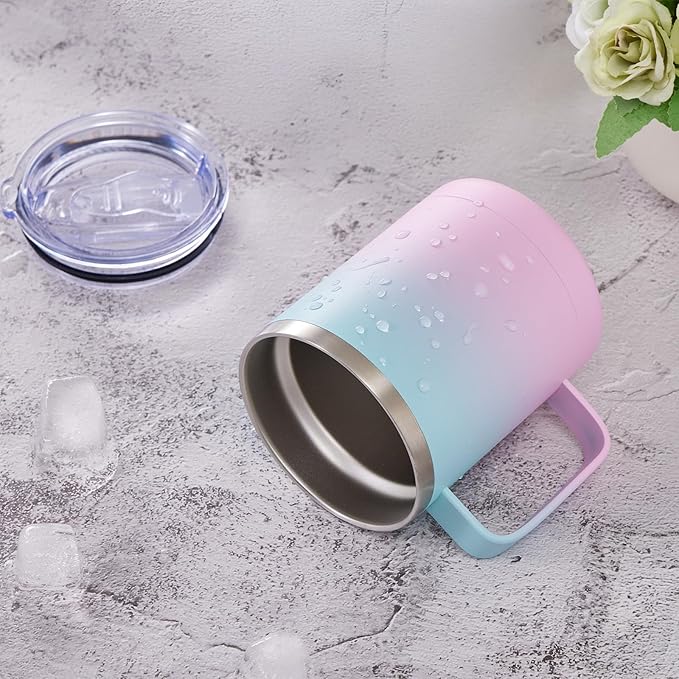 MEWAY 12oz Coffee Mug With Handle and Sliding Lid,Stainless Steel Travel Tumbler Cup with Handle,Double Wall Vacuum Insulated Camping Cup for Hot & Cold Drinks Tea (Bubble Gum,Set of 1)