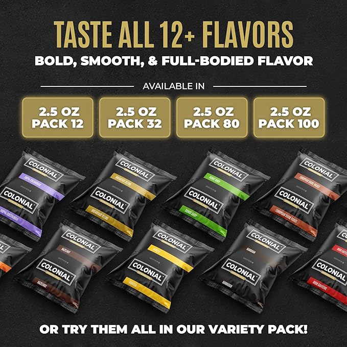 Colonial Coffee 32 Count Single Pot Coffee Packets – 100% Arabica Colombian Medium Roast | Pre-Measured Frac Packs for 12 Cup Maker | Bulk Ground Gourmet Coffee for Home & Office