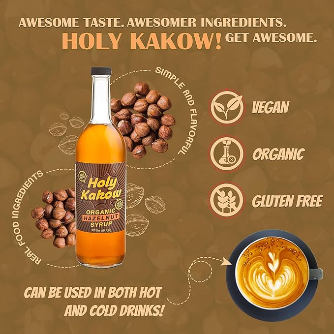 Holy Kakow Cafe Organic Hazelnut Syrup - Hazelnut Coffee Syrup, Organic Syrup for Coffee, Latte, Cocktail and Shake, Real Food Ingredients - 750ml