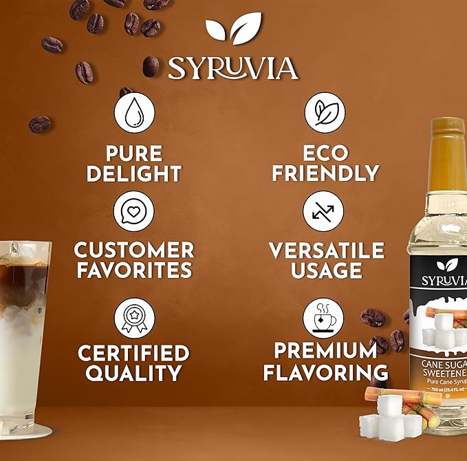 Syruvia Coffee Syrup, Cane Sugar Sweetener Flavored Syrup for Drinks, Lattes, and Desserts – 25.4 fl oz, With Pump