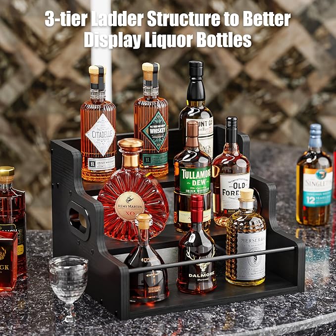 KLM Liquor Bottle Display Shelf, Coffee Syrup Rack Organizer, 3 Step Countertop Liquor Wine Rack, Mini bar,Liquor Cabinet, Home Retro Bar Shelf Stand for Liquor Whiskey, Spirits（Black）