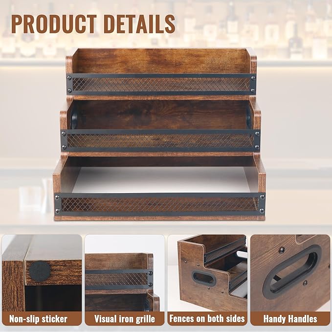 Liquor Bottle Display Shelf, Coffee Syrup Rack Organizer, 3 Step Countertop Liquor Wine Rack, 12 Bottles Coffee Station Organizer with Fences & Handles, Home Retro Bar Shelf Stand for Liquor Whiskey
