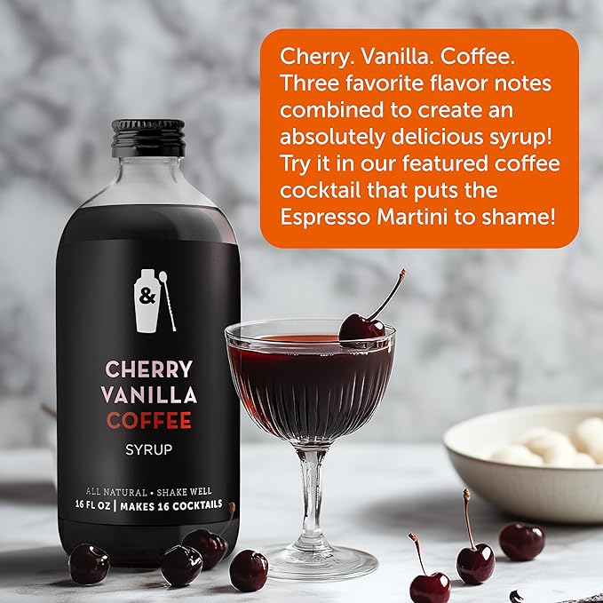 Shaker & Spoon Cherry Vanilla Coffee Syrup, 16oz Syrup for Drinks, Coffee Syrups, Cocktail Mixers, Mocktails, Non Alcoholic Drinks