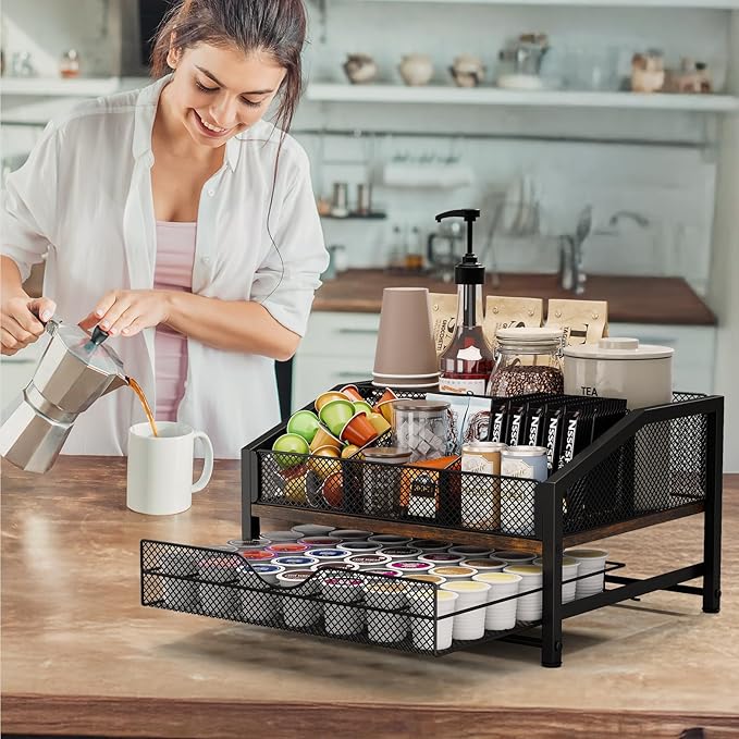 Coffee Bar Organizer - Coffee Station for Countertop, Metal and Wood K Cup holder Storage Basket with Drawer for Syrup, Cups, Stirrer, Condiment, Tea Organizer, Brown