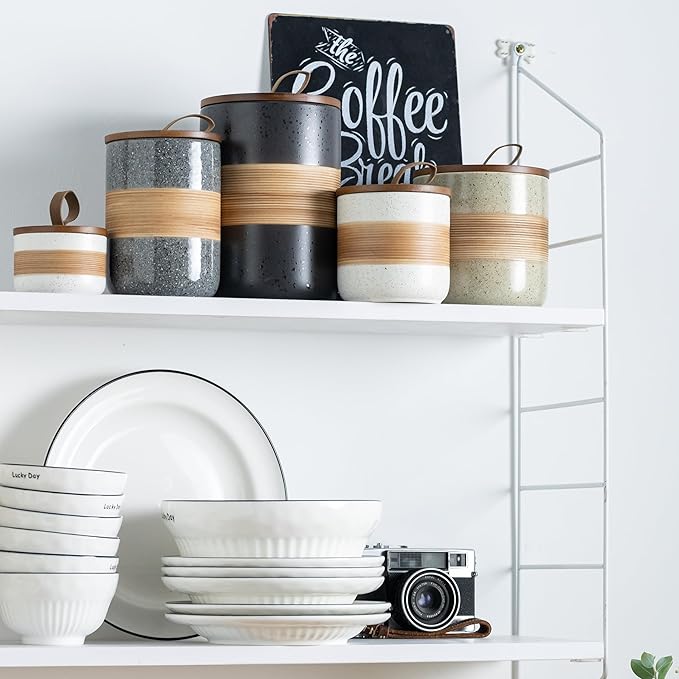 Large Storage Containers with Lids, Ceramic Coffee Container Kitchen Food Storage Jars for Spice Sugar Tea Bag, Stackable Decorative Jars for Counter, Black & 61 fl.oz