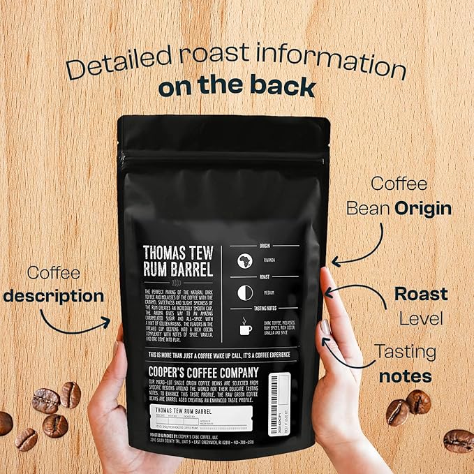 Rum Barrel Aged Coffee, Single-Origin Rwandan Beans Aged in Rum Barrels, Medium Roast Whole Bean, 2 lb