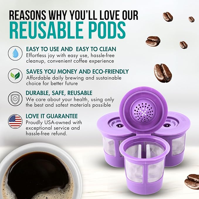 Reusable K Cups for Keurig Coffee Maker - Filter Pods for Keurig 1.0 and 2.0 Brewers - Refillable K Cup Fits K-Elite, K-Classic - BPA Free Universal Reusable Single Serve - 4 Pack