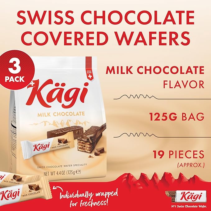 Swiss Milk Chocolate Covered Mini Wafers by Kägi, Crispy Coated Sweet Snacks, Premium Individually Wrapped Treats, Chocolate, Classic Kägi, 3 Pack of 125g Bags